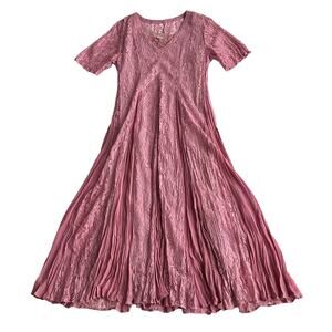 Together! VTG Lace Crinkle Rayon Overlay Layered Short Sleeve Rose Maxi Dress 10